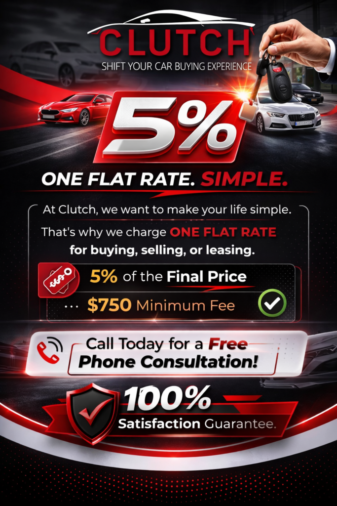 Clutch Auto Broker pricing graphic showing a simple 5 percent flat rate with a $750 minimum fee and a 100 percent satisfaction guarantee.